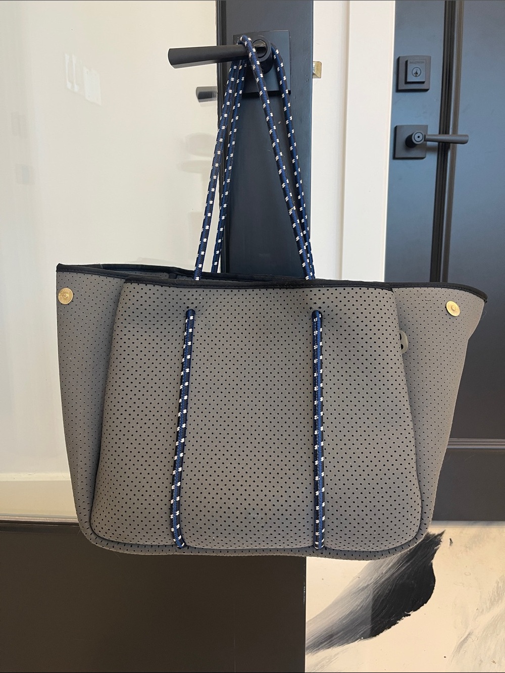 Gray Perforated Tote Bag with Navy Rope Handles